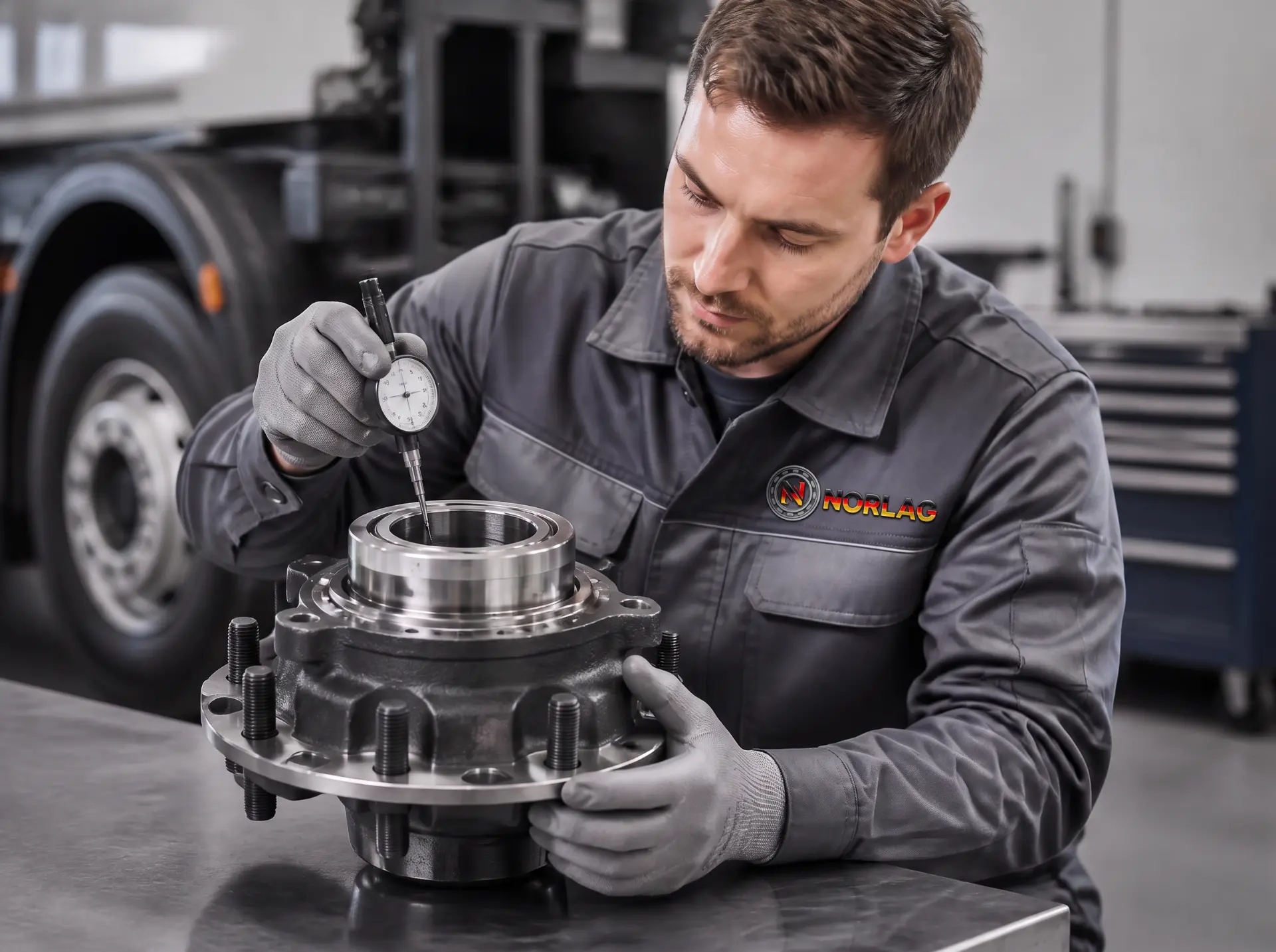 Technician measuring a hub bearing with a dial indicator in a workshop