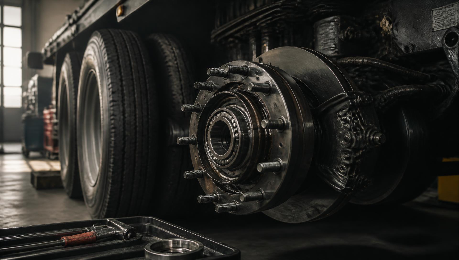 Truck wheel end with hub bearing assembly in a workshop